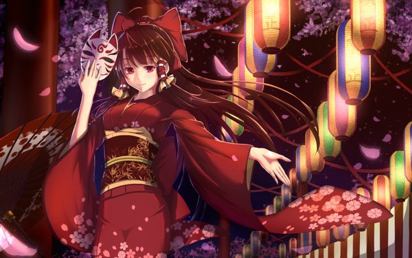 Anime picture 2880x1800 with touhou hakurei reimu bakanoe single long hair highres red eyes brown hair traditional clothes japanese clothes cherry blossoms girl bow plant (plants) hair bow petals tree (trees) kimono obi mask