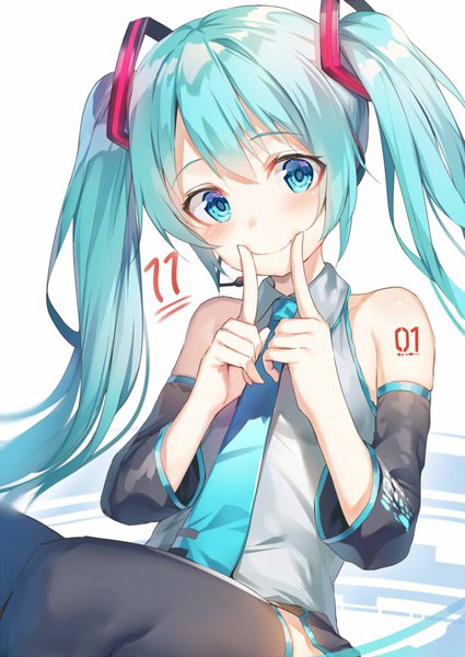 Anime picture 708x1000 with vocaloid hatsune miku alexmaster single long hair tall image looking at viewer blush fringe short hair smile hair between eyes white background twintails aqua hair fingersmile girl thighhighs black thighhighs detached sleeves