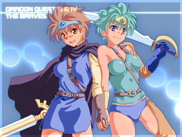 Anime picture 1024x768 with dragon quest dragon quest iii dragon quest iv roto heroine (dq4) breasts blue eyes light erotic brown hair multiple girls brown eyes green hair midriff holding hands girl gloves 2 girls sword cape circlet