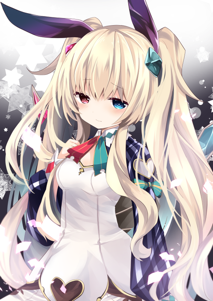Anime picture 600x849 with grimms notes square enix alice (grimms notes) nanase nao single long hair tall image looking at viewer blush fringe blue eyes blonde hair hair between eyes red eyes twintails animal ears payot upper body grey background bunny ears