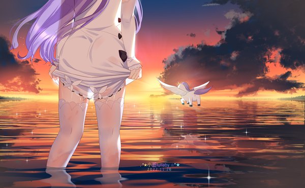Anime picture 2240x1385 with azur lane unicorn (azur lane) xiao shi lullaby single long hair highres light erotic wide image standing signed animal ears sky purple hair cloud (clouds) ass long sleeves from behind sparkle wet partially submerged
