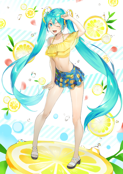 Anime picture 842x1190 with vocaloid hatsune miku tokki single tall image looking at viewer open mouth twintails full body very long hair arm up aqua eyes aqua hair bare legs midriff ;d food print lemon print girl skirt