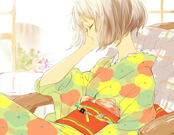 Anime picture 800x622 with original lenny-tree single short hair blonde hair sitting eyes closed traditional clothes japanese clothes sleeping girl flower (flowers) bow kimono pillow