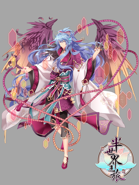 Anime picture 1280x1706 with ban shijie zhi lu s araragi single long hair tall image looking at viewer fringe hair between eyes standing purple eyes holding payot blue hair full body nail polish traditional clothes fingernails wind grey background wide sleeves