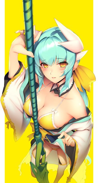Anime picture 700x1302 with fate (series) fate/grand order kiyohime (fate) kiyohime (swimsuit lancer) (fate) ryuji (ikeriu) single long hair tall image looking at viewer blush fringe breasts light erotic simple background hair between eyes large breasts standing holding yellow eyes payot