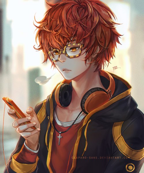 Anime-Bild 833x1000 mit mystic messenger 707 (mystic messenger) claparo-sans single tall image short hair signed upper body parted lips orange hair orange eyes depth of field looking down exhalation messy hair headphones around neck boy glasses headphones hood