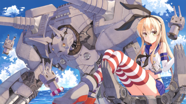 Anime picture 2000x1124 with kantai collection shimakaze destroyer rensouhou-chan terras long hair looking at viewer blush highres light erotic blonde hair wide image sitting yellow eyes pantyshot zettai ryouiki pantyshot sitting :3 girl thighhighs skirt