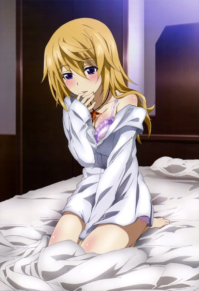 Anime picture 4081x5940 with infinite stratos 8bit nyantype charles dunois single long hair tall image blush highres light erotic blonde hair purple eyes absurdres official art girl shirt lingerie bra pendant bed