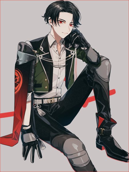 Anime picture 1500x2000 with touken ranbu nitroplus buzen gou yamada chickenko single tall image looking at viewer short hair black hair simple background red eyes sitting grey background mole open collar head rest boy gloves black gloves knee pads
