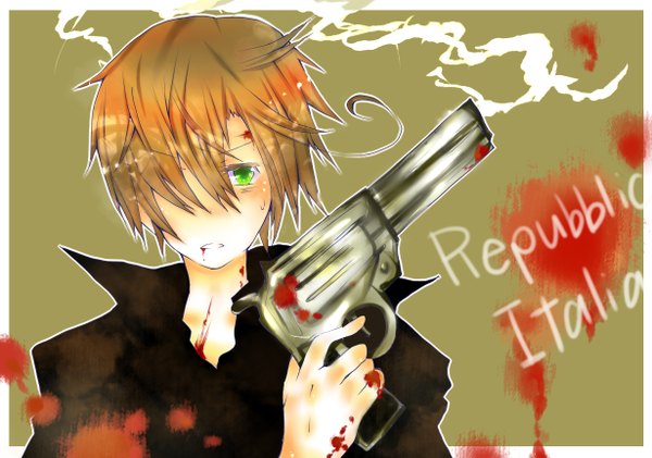 Anime picture 1229x864 with axis powers hetalia studio deen south italy (hetalia) princess lee (artist) single blush fringe short hair green eyes hair over one eye orange hair sweat sweatdrop smoking gun boy weapon gun blood