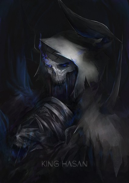 Anime picture 1302x1841 with fate (series) fate/grand order king hassan (fate) marumoru single tall image blue eyes simple background upper body horn (horns) character names glowing black background looking down glowing eye (eyes) horror boy hood skull