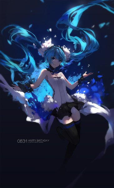 Anime picture 992x1630 with 7th dragon 2020 vocaloid hatsune miku swd3e2 single long hair tall image looking at viewer blue eyes simple background smile twintails signed blue hair full body parted lips pleated skirt zettai ryouiki character names floating hair
