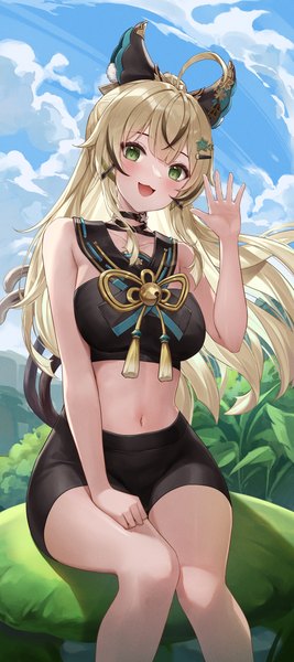 Anime picture 2524x5669 with genshin impact kirara (genshin impact) lunacle single long hair tall image looking at viewer blush fringe highres breasts open mouth blonde hair smile sitting green eyes sky cloud (clouds) ahoge outdoors