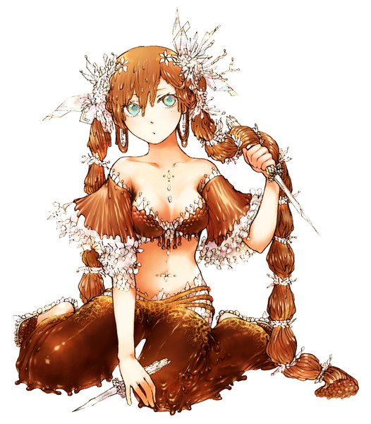 Anime picture 1906x2175 with original makoto ichihashi single tall image blush fringe highres blue eyes simple background brown hair white background sitting bare shoulders looking away braid (braids) very long hair twin braids girl navel hair ornament
