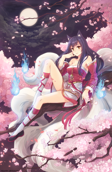 Anime picture 717x1100 with league of legends ahri (league of legends) kyurin (sunnydelight) single long hair tall image blush light erotic smile bare shoulders animal ears yellow eyes blue hair cloud (clouds) tail animal tail night night sky fox ears cherry blossoms