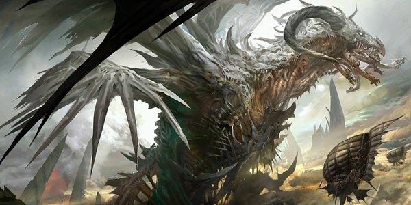 Anime picture 1024x512 with guild wars 2 kekai kotaki wide image sky horn (horns) flying fantasy wings dragon monster aircraft airship dirigible