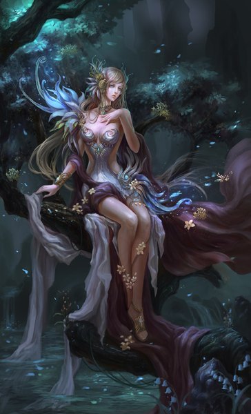 Anime picture 1166x1920 with original haoyuan single long hair tall image looking at viewer blue eyes blonde hair lips realistic hand on chest girl flower (flowers) plant (plants) tree (trees) choker scarf leaf (leaves) sandals