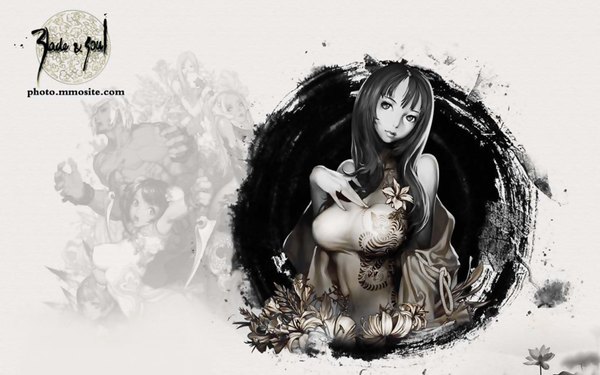 Anime picture 1680x1050 with blade & soul single long hair black hair wide image bare shoulders head tilt inscription covered navel monochrome chinese clothes girl flower (flowers) chinese dress