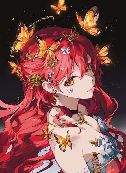 Anime picture 1091x1500 with honkai: star rail honkai (series) himeko (honkai: star rail) yeurei single long hair tall image looking at viewer fringe light erotic simple background smile hair between eyes bare shoulders signed upper body red hair hair flower off shoulder sparkle