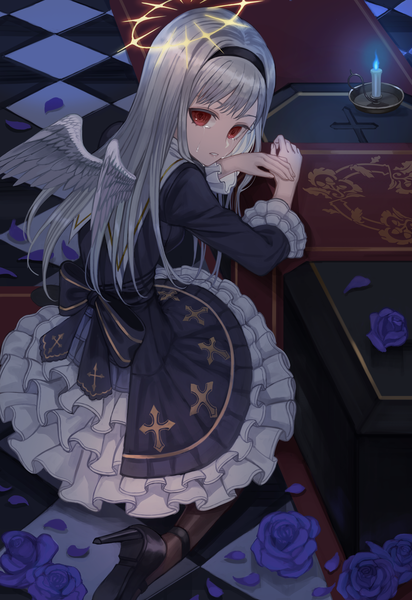 Anime picture 2200x3200 with original amahara subaru single long hair tall image looking at viewer fringe highres red eyes silver hair full body indoors parted lips looking back high heels tears kneeling soles frilled dress angel wings