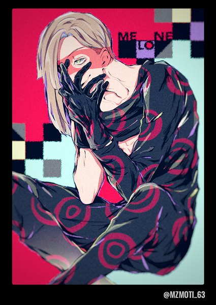 Anime picture 600x847 with jojo no kimyou na bouken melone mizudama single long hair tall image fringe blonde hair sitting green eyes signed looking away hair over one eye character names twitter username border indian style hands on face boy gloves