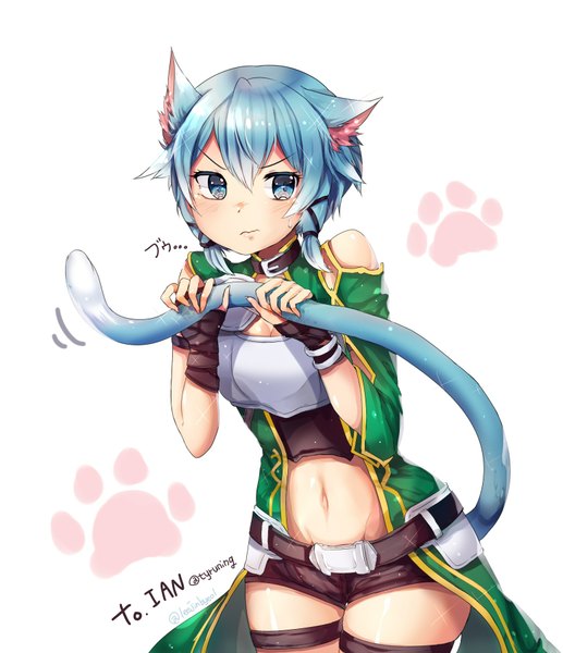 Anime picture 1550x1800 with sword art online a-1 pictures asada shino lee jin byeol single tall image blush short hair blue eyes simple background signed animal ears blue hair looking away tail animal tail cat ears cat girl cat tail text