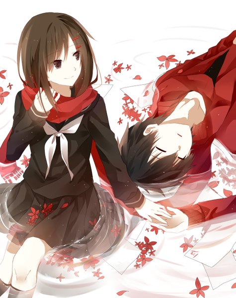 Anime picture 2338x2952 with kagerou project shaft (studio) tateyama ayano kisaragi shintarou stairway long hair tall image fringe highres short hair smile brown hair sitting holding brown eyes lying eyes closed pleated skirt wet on back