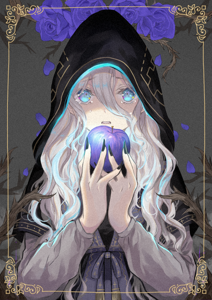 Anime-Bild 565x800 mit original purimo (xxxmofmof) single long hair tall image looking at viewer fringe open mouth simple background hair between eyes holding upper body white hair long sleeves nail polish multicolored hair aqua eyes fingernails grey background two-tone hair