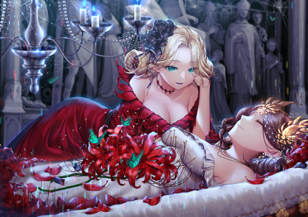 Anime picture 4200x2969 with identity v agrt long hair fringe highres short hair breasts open mouth light erotic blonde hair smile brown hair large breasts multiple girls looking away absurdres cleavage indoors lying eyes closed