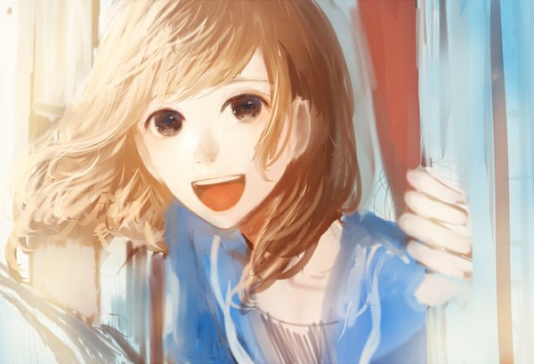 Anime picture 880x600 with original bounin single looking at viewer fringe short hair blonde hair brown eyes wind happy girl