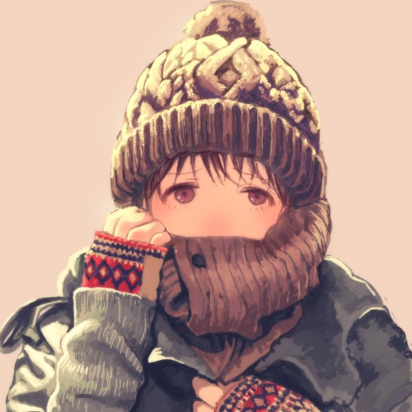 Аниме картинка 1240x1240 с оригинальное изображение hyotan (artist) один (одна) смотрит на зрителя каштановые волосы карие глаза верхняя часть тела девушка перчатки шляпа куртка шарф митенки зимняя (тёплая) одежда
