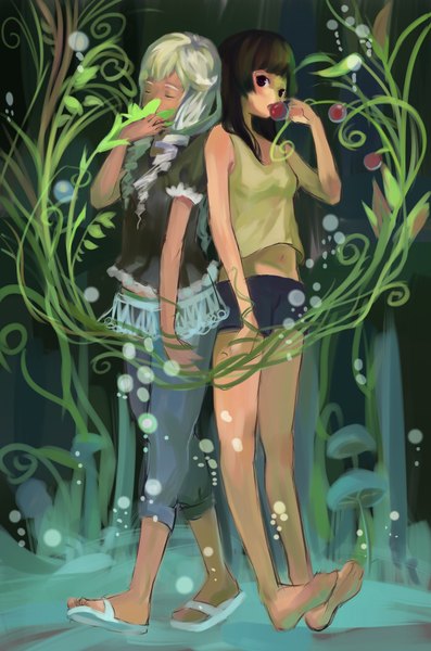 Anime picture 2480x3743 with original neptune (artist) long hair tall image highres brown hair multiple girls brown eyes white hair eyes closed underwater back to back girl 2 girls plant (plants) water shorts