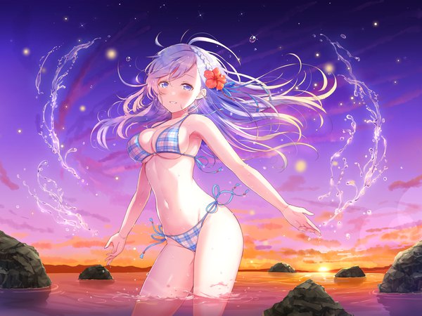 Anime picture 3600x2700 with original chirimen (fanatic) single long hair looking at viewer blush highres breasts light erotic smile standing purple eyes bare shoulders absurdres purple hair cloud (clouds) braid (braids) parted lips hair flower night