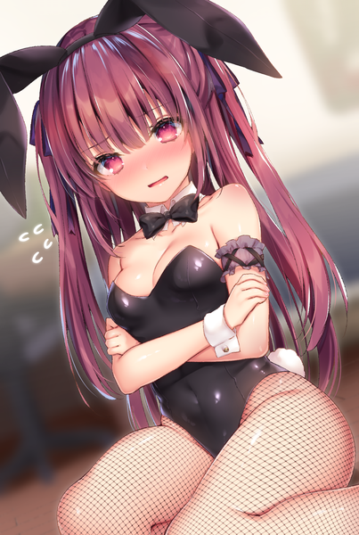 Anime picture 1513x2250 with original navy (navy.blue) single long hair tall image looking at viewer blush fringe breasts open mouth light erotic hair between eyes red eyes sitting bare shoulders animal ears payot cleavage purple hair tail