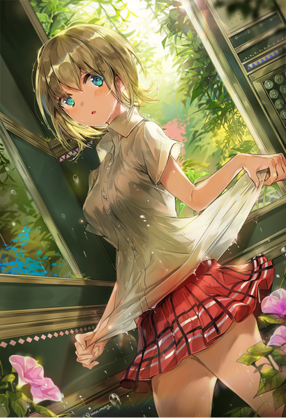 Anime picture 640x936 with original bosack single tall image looking at viewer blush fringe short hair hair between eyes brown hair aqua eyes wet wet clothes wet shirt girl skirt flower (flowers) plant (plants) miniskirt red skirt