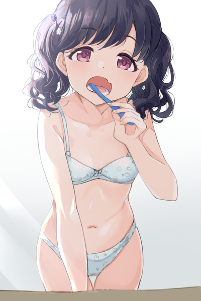 Anime picture 800x1200 with idolmaster idolmaster shiny colors fukumaru koito hiroki (yyqw7151) single tall image looking at viewer blush fringe short hair breasts open mouth light erotic black hair simple background standing white background purple eyes twintails holding