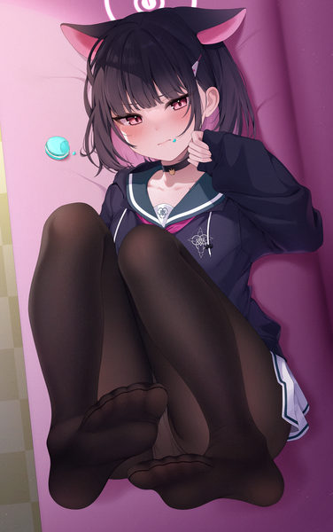 Anime picture 3200x5100 with blue archive kazusa (blue archive) reel (riru) single tall image looking at viewer blush fringe highres short hair light erotic black hair animal ears pink hair absurdres full body bent knee (knees) lying blunt bangs long sleeves