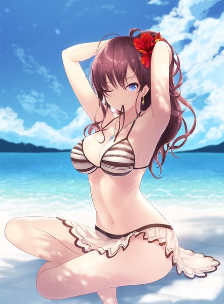 Anime picture 1200x1627 with idolmaster idolmaster cinderella girls ichinose shiki cait single long hair tall image looking at viewer fringe breasts blue eyes light erotic smile hair between eyes brown hair sitting holding payot sky cleavage