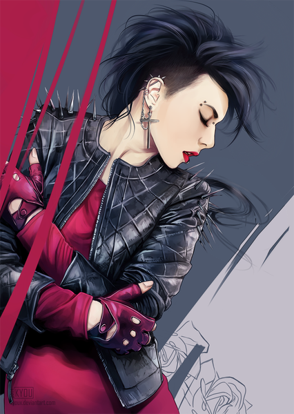 Anime picture 710x1000 with original kyoux (artist) single tall image short hair open mouth black hair eyes closed open clothes open jacket lipstick piercing red lipstick girl gloves earrings jacket fingerless gloves cross spikes