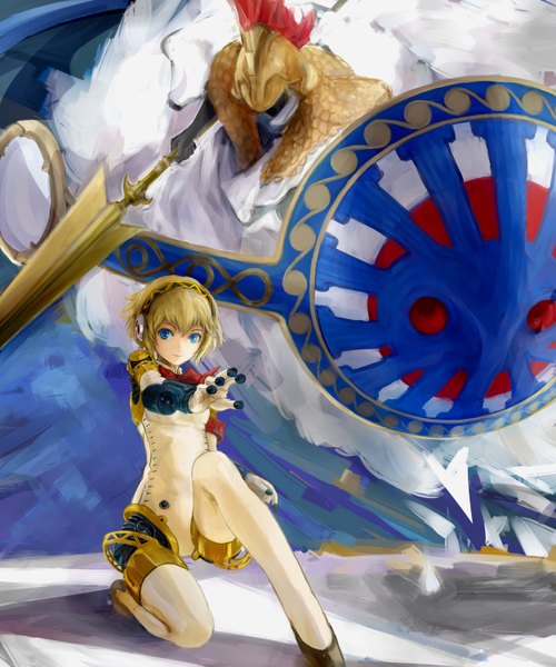 Anime picture 1250x1500 with persona 3 persona aegis athena (megami tensei) conjaku tall image short hair blue eyes blonde hair smile girl headphones shield polearm android