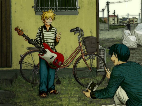 Anime picture 1240x930 with vocaloid kagamine len kaito (vocaloid) horuda blue eyes blonde hair smile blue hair eyes closed multiple boys grin victory boy 2 boys ground vehicle musical instrument guitar camera bicycle bass guitar