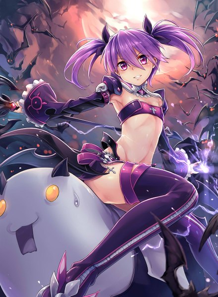 Anime picture 992x1354 with elsword aisha landar ks long hair tall image looking at viewer blush light erotic sitting purple eyes twintails purple hair light smile girl bow weapon hair bow animal boots thigh boots