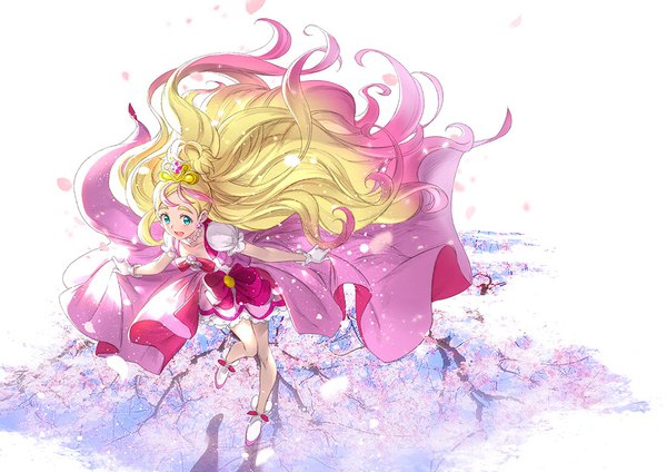 Anime picture 1100x778 with precure go! princess precure toei animation haruno haruka cure flora hoshi (xingspresent) single looking at viewer open mouth blonde hair full body very long hair aqua eyes from above wind puffy sleeves cherry blossoms gradient hair eyebrows magical girl