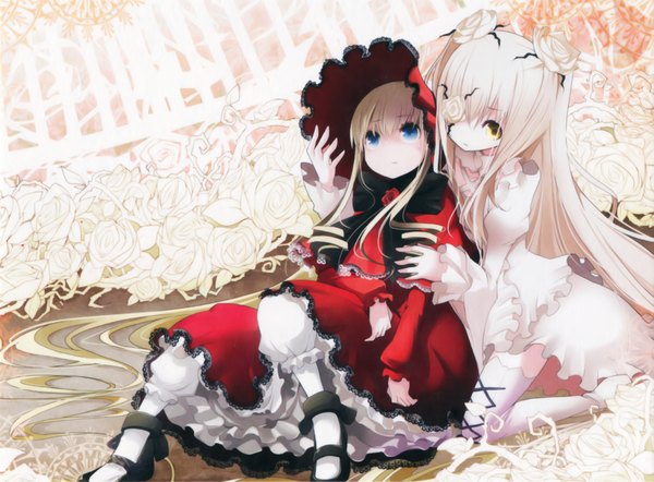 Anime picture 4085x3012 with rozen maiden shinku kirakishou tansuke looking at viewer highres blue eyes blonde hair sitting twintails multiple girls brown eyes absurdres white hair very long hair hair flower hug kneeling looking up hand on head