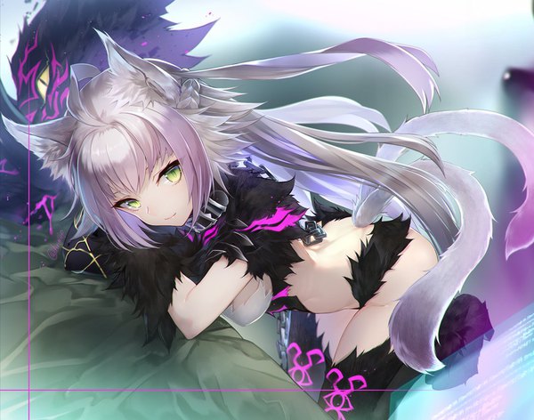 Anime picture 1144x900 with fate (series) fate/grand order atalanta (fate) atalanta (alter) (fate) miyuki ruria single long hair looking at viewer fringe light erotic green eyes signed animal ears payot silver hair ahoge tail animal tail multicolored hair cat ears