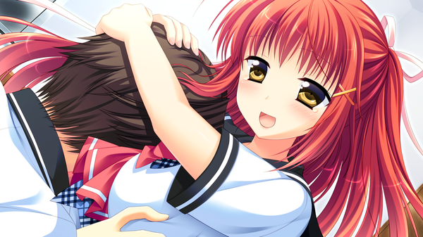 Anime picture 1280x720 with natsu koi high pressure nanase hikari ayamisiro long hair blush breasts open mouth light erotic smile wide image large breasts looking away game cg red hair between breasts girl boy uniform hair ornament bow