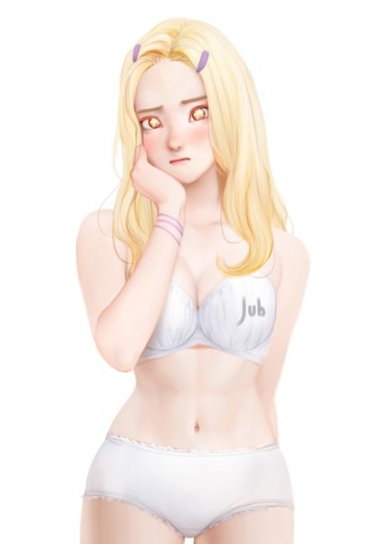 Anime picture 1920x2716 with original caramel (jubi) jubi (regiana) single long hair tall image looking at viewer blush highres breasts light erotic simple background blonde hair large breasts white background brown eyes signed cleavage realistic underwear only