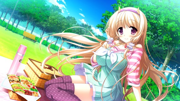 Anime picture 1280x720 with magical marriage lunatics!! yuria rin road yamakaze ran long hair blush smile wide image purple eyes game cg white hair horn (horns) girl thighhighs dress plant (plants) tree (trees) food obento