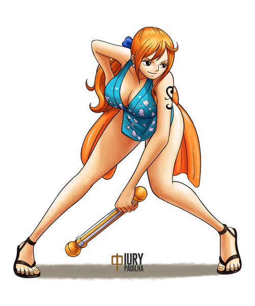Anime picture 833x1000 with one piece toei animation nami (one piece) iury padilha single long hair tall image fringe breasts light erotic simple background smile large breasts standing white background bare shoulders holding brown eyes signed payot