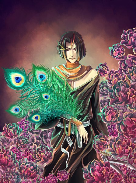 Anime picture 670x900 with bleach studio pierrot ayasegawa yumichika ze-rofruits single tall image short hair simple background standing holding purple hair traditional clothes japanese clothes light smile orange hair dark background boy flower (flowers) weapon sword